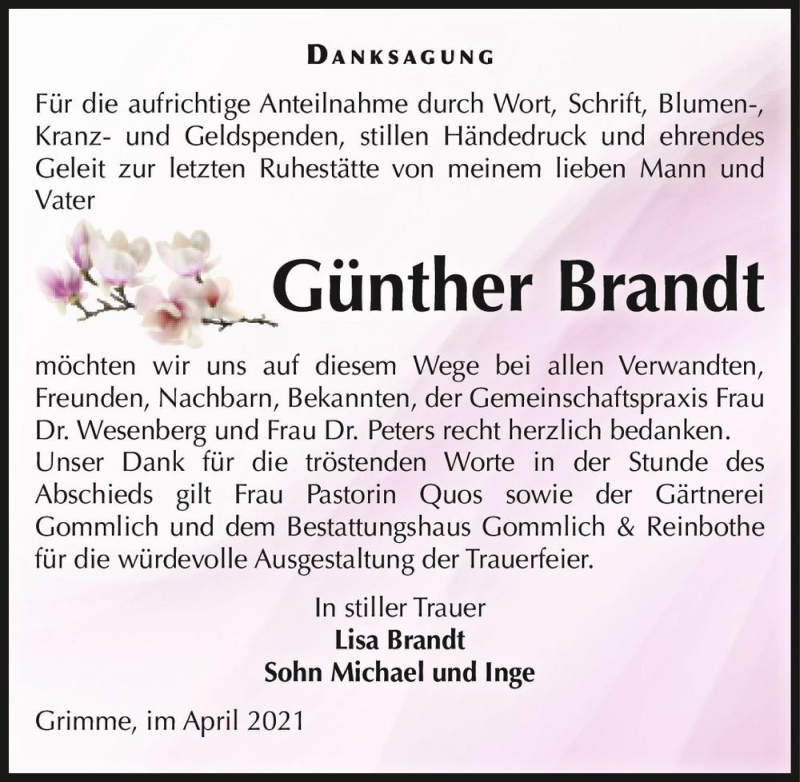  Traueranzeige für Günther Brandt  vom 24.04.2021 aus Magdeburger Volksstimme