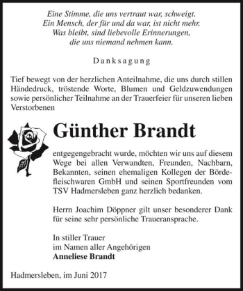 Traueranzeige von Günther Brandt  von Magdeburger Volksstimme