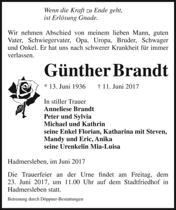 Traueranzeige von Günther Brandt  von Magdeburger Volksstimme