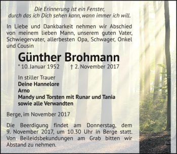 Traueranzeige von Günther Brohmann  von Magdeburger Volksstimme