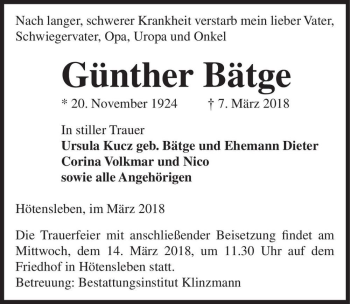 Traueranzeige von Günther Bätge  von Magdeburger Volksstimme