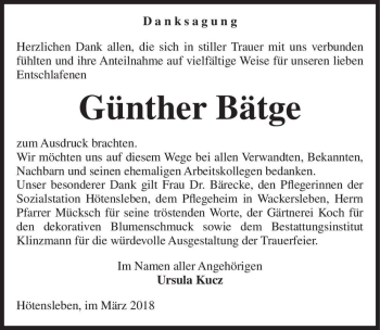 Traueranzeige von Günther Bätge  von Magdeburger Volksstimme