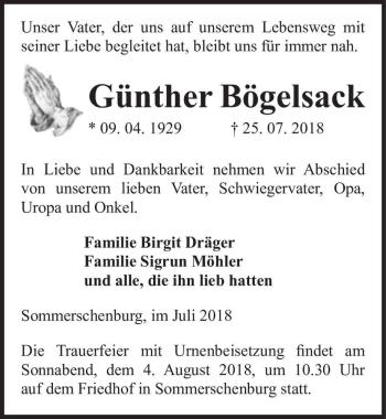 Traueranzeige von Günther Bögelsack  von Magdeburger Volksstimme