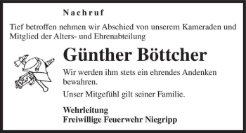 Traueranzeige von Günther Böttcher  von Magdeburger Volksstimme