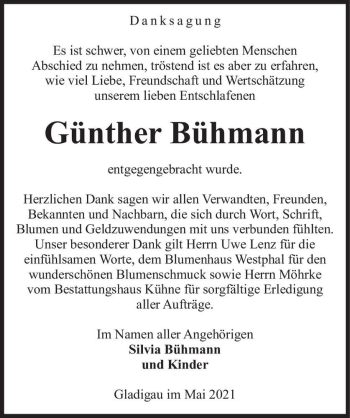 Traueranzeige von Günther Bühmann  von Magdeburger Volksstimme