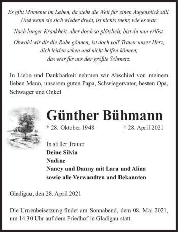 Traueranzeige von Günther Bühmann  von Magdeburger Volksstimme