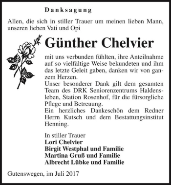 Traueranzeige von Günther Chelvier  von Magdeburger Volksstimme
