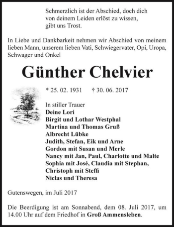 Traueranzeige von Günther Chelvier  von Magdeburger Volksstimme