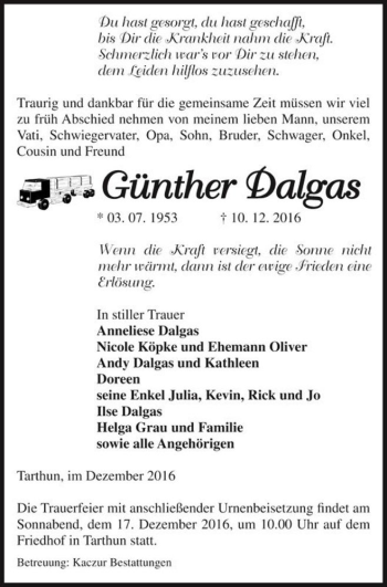 Traueranzeige von Günther Dalgas  von Magdeburger Volksstimme
