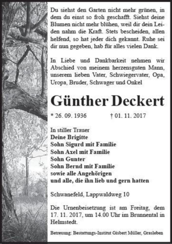 Traueranzeige von Günther Deckert  von Magdeburger Volksstimme
