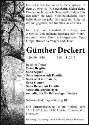 Traueranzeige von Günther Deckert  von Magdeburger Volksstimme