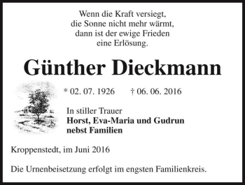Traueranzeige von Günther Dieckmann  von Magdeburger Volksstimme