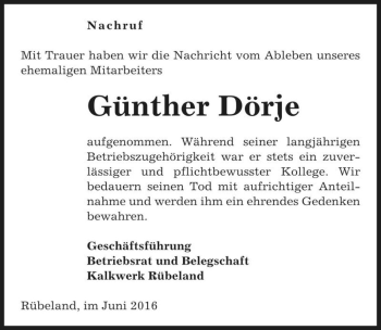 Traueranzeige von Günther Dörje  von Magdeburger Volksstimme