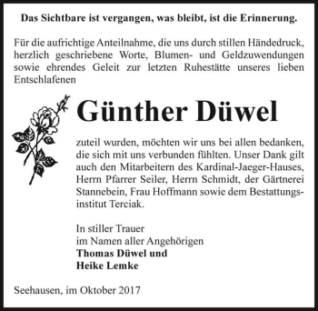 Traueranzeige von Günther Düwel  von Magdeburger Volksstimme