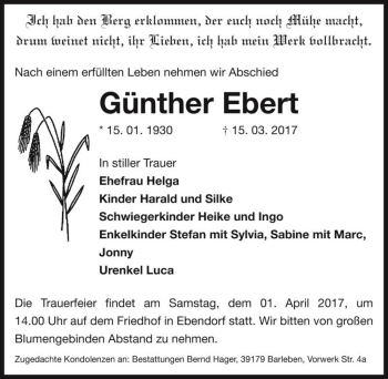 Traueranzeige von Günther Ebert  von Magdeburger Volksstimme