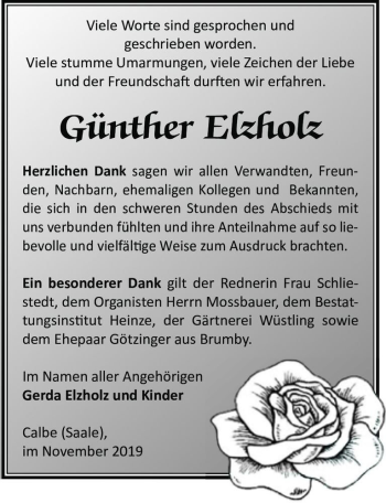 Traueranzeige von Günther Elzholz  von Magdeburger Volksstimme