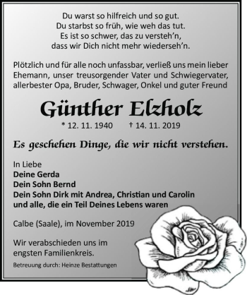 Traueranzeige von Günther Elzholz  von Magdeburger Volksstimme
