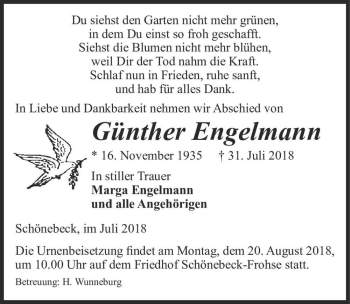 Traueranzeige von Günther Engelmann  von Magdeburger Volksstimme