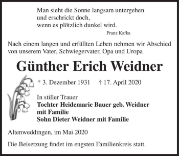 Traueranzeige von Günther Erich Weidner  von Magdeburger Volksstimme