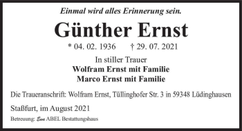 Traueranzeige von Günther Ernst  von Magdeburger Volksstimme