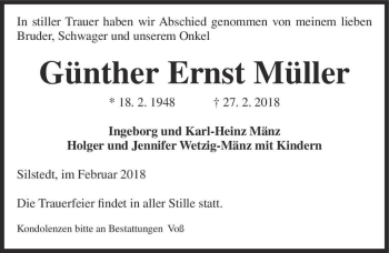 Traueranzeige von Günther Ernst Müller  von Magdeburger Volksstimme