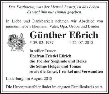 Traueranzeige von Günther Eßrich  von Magdeburger Volksstimme