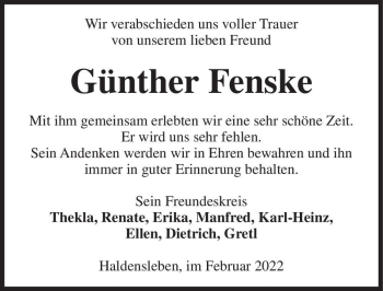 Traueranzeige von Günther Fenske  von Magdeburger Volksstimme