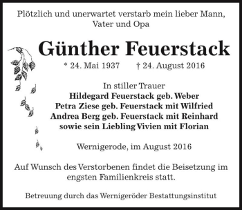 Traueranzeige von Günther Feuerstack  von Magdeburger Volksstimme