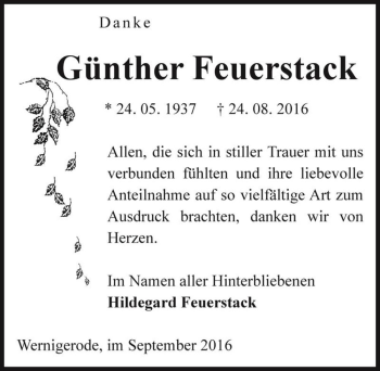 Traueranzeige von Günther Feuerstack  von Magdeburger Volksstimme