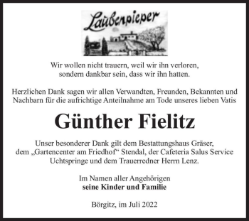 Traueranzeige von Günther Fielitz  von Magdeburger Volksstimme
