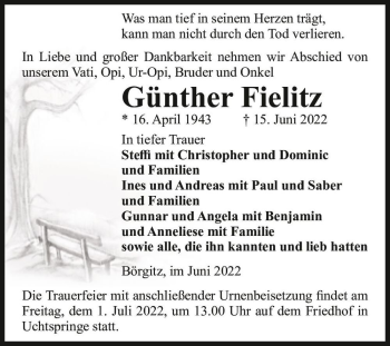 Traueranzeige von Günther Fielitz  von Magdeburger Volksstimme
