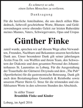 Traueranzeige von Günther Finke  von Magdeburger Volksstimme