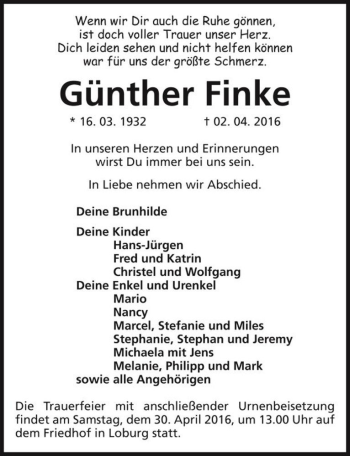 Traueranzeige von Günther Finke  von Magdeburger Volksstimme