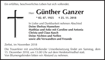 Traueranzeige von Günther Ganzer  von Magdeburger Volksstimme