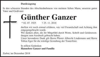 Traueranzeige von Günther Ganzer  von Magdeburger Volksstimme