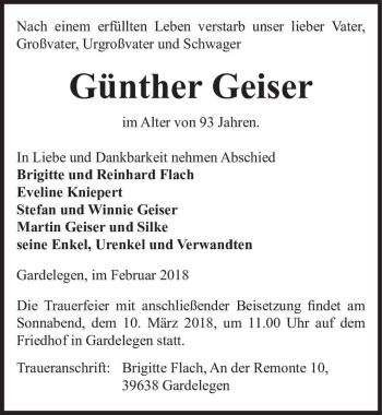 Traueranzeige von Günther Geiser  von Magdeburger Volksstimme