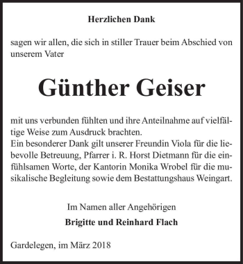 Traueranzeige von Günther Geiser  von Magdeburger Volksstimme