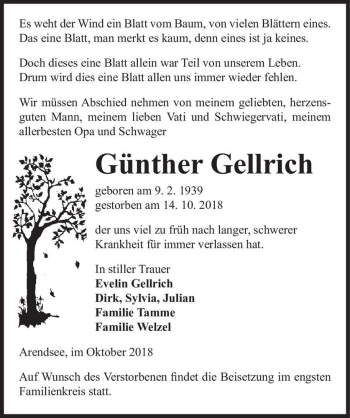 Traueranzeige von Günther Gellrich  von Magdeburger Volksstimme