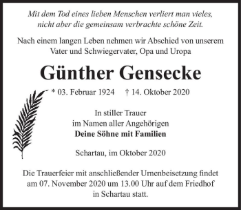 Traueranzeige von Günther Gensecke  von Magdeburger Volksstimme