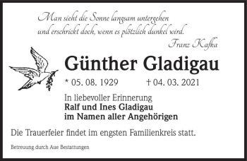 Traueranzeige von Günther Gladigau  von Magdeburger Volksstimme