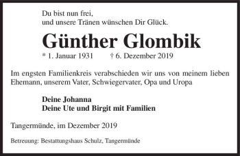 Traueranzeige von Günther Glombik  von Magdeburger Volksstimme