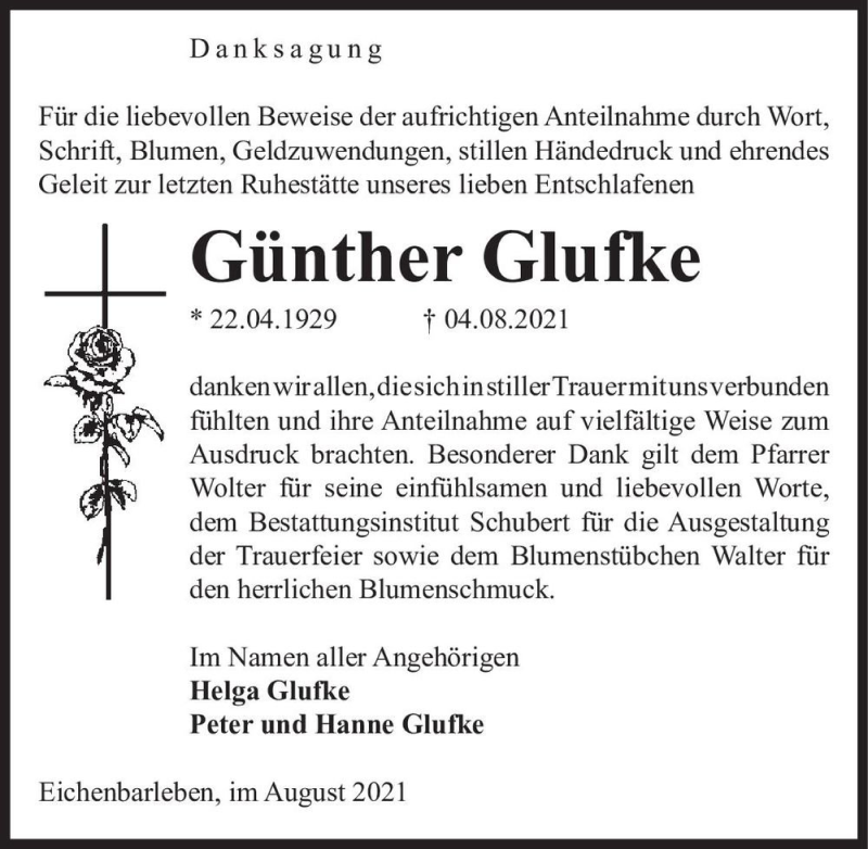  Traueranzeige für Günther Glufke  vom 28.08.2021 aus Magdeburger Volksstimme
