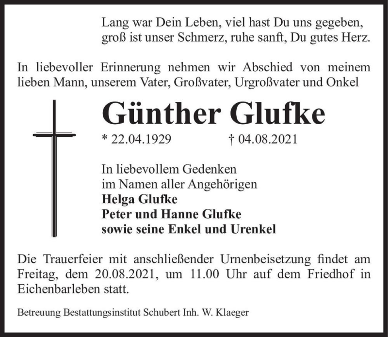  Traueranzeige für Günther Glufke  vom 14.08.2021 aus Magdeburger Volksstimme