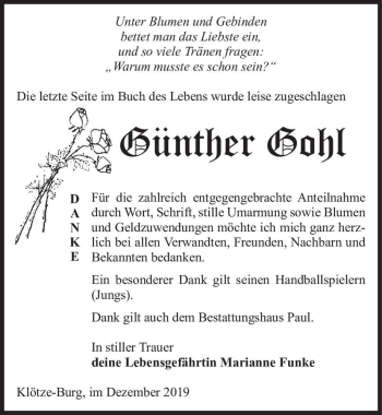 Traueranzeige von Günther Gohl  von Magdeburger Volksstimme