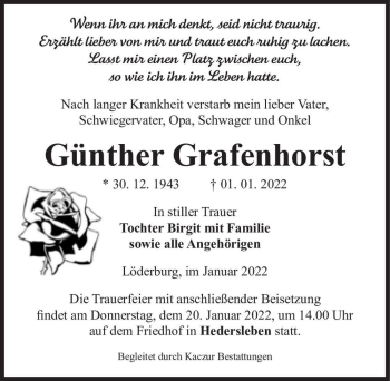 Traueranzeige von Günther Grafenhorst  von Magdeburger Volksstimme