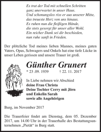 Traueranzeige von Günther Grunert  von Magdeburger Volksstimme