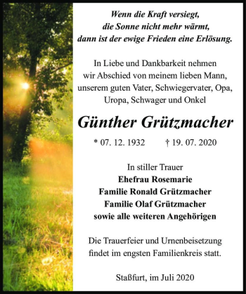 Traueranzeige von Günther Grützmacher  von Magdeburger Volksstimme