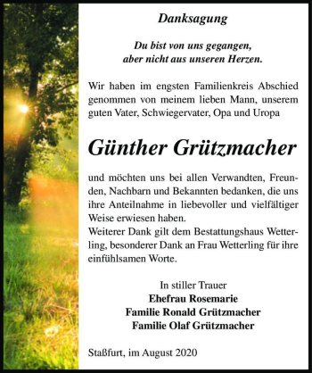 Traueranzeige von Günther Grützmacher  von Magdeburger Volksstimme