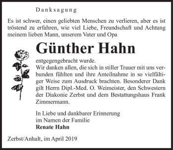 Traueranzeige von Günther Hahn  von Magdeburger Volksstimme