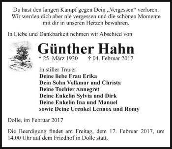 Traueranzeige von Günther Hahn  von Magdeburger Volksstimme